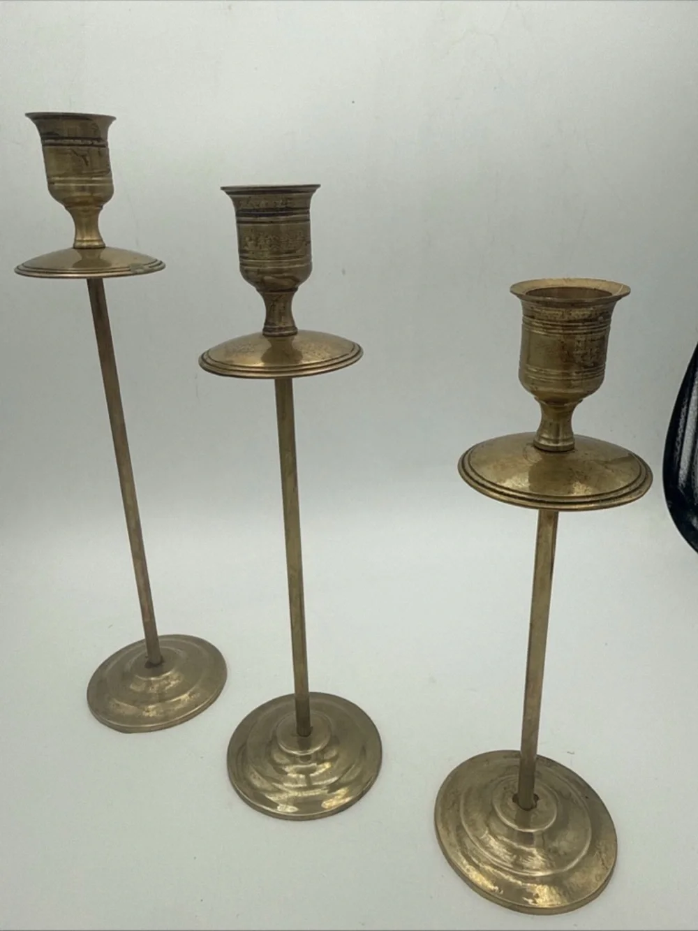 3 VTG Brass graduated MCM Taper Candle Holders Patina 10”, 9”, 8” minimalist